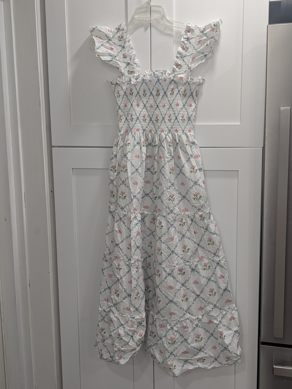 White Floral Smocked Midi Dress with Ruffle Straps